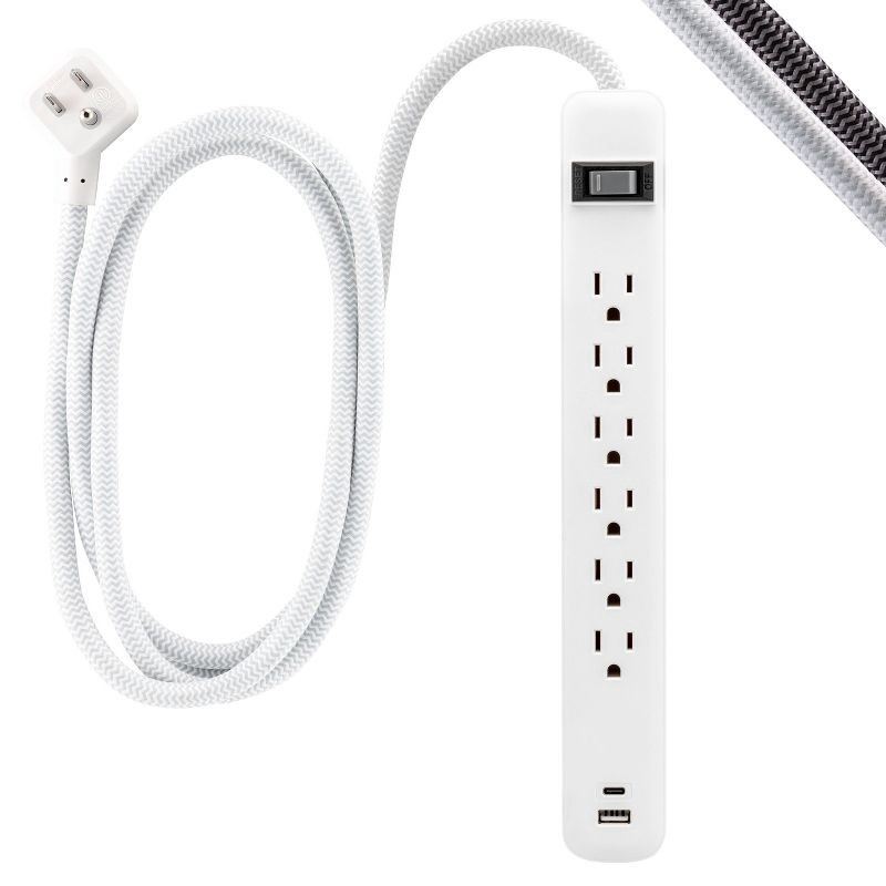 slide 1 of 6, General Electric GE 6-Outlet Power Strip 1 USB-A 1 USB-C 15W Shared 6' Braided Cord White: Lifetime Warranty, 14 AWG, 3.6 Amps, 1 ct