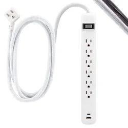General Electric GE 6-Outlet Power Strip 1 USB-A 1 USB-C 15W Shared 6' Braided Cord White: Lifetime Warranty, 14 AWG, 3.6 Amps