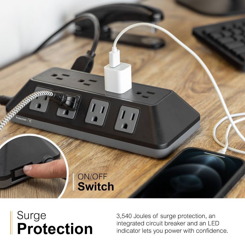 slide 14 of 16, General Electric GE 12-Outlet Surge Protector 3540J 8' Braided Cord Black/Gray: Extension Cord, Outlet Extender, Multiple Plug-in Outlets, 1 ct