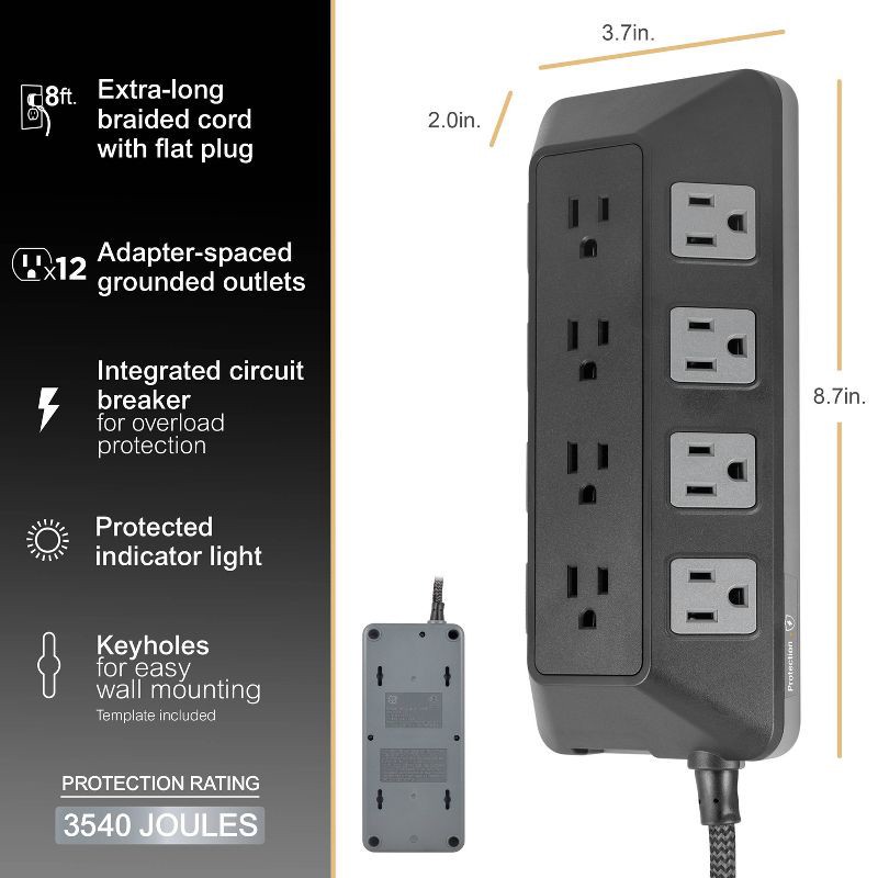 slide 16 of 16, General Electric GE 12-Outlet Surge Protector 3540J 8' Braided Cord Black/Gray: Extension Cord, Outlet Extender, Multiple Plug-in Outlets, 1 ct