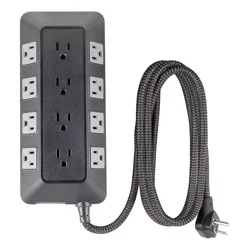 General Electric GE 12-Outlet Surge Protector 3540J 8' Braided Cord Black/Gray: Extension Cord, Outlet Extender, Multiple Plug-in Outlets
