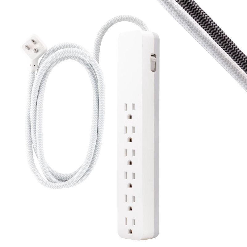 slide 1 of 8, General Electric GE 6-Outlet Surge Protector 1560J 10' Braided Cord White: Extension Cord & Outlet Extender, Lifetime Warranty, 1 ct