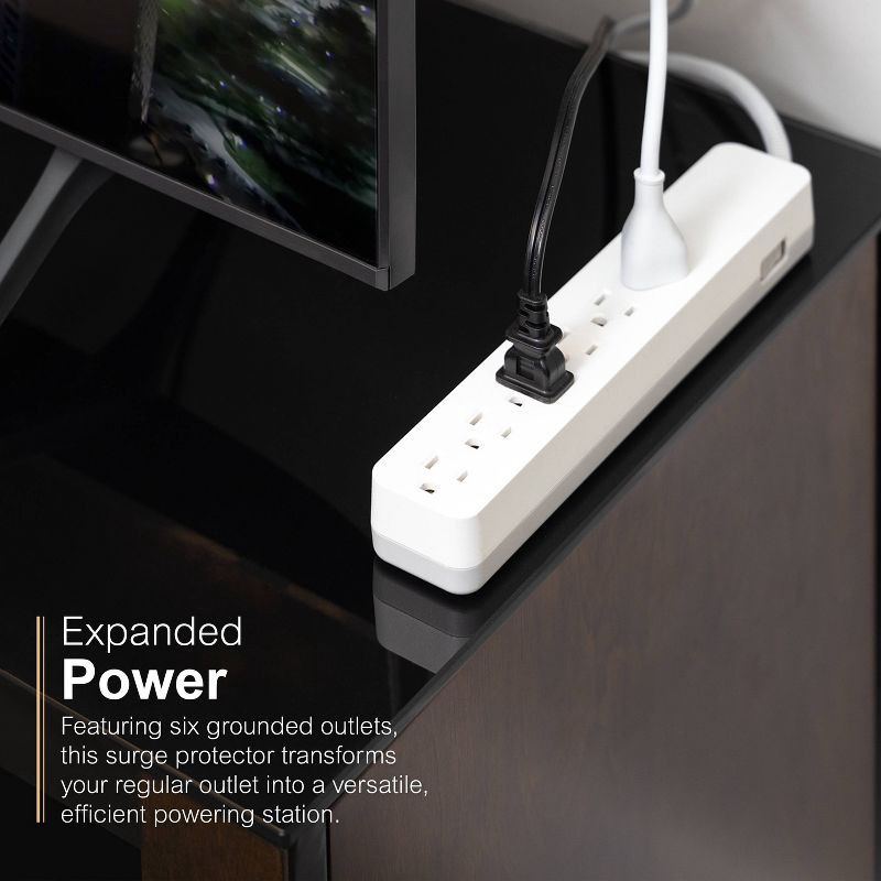 slide 3 of 8, General Electric GE 6-Outlet Surge Protector 1560J 10' Braided Cord White: Extension Cord & Outlet Extender, Lifetime Warranty, 1 ct