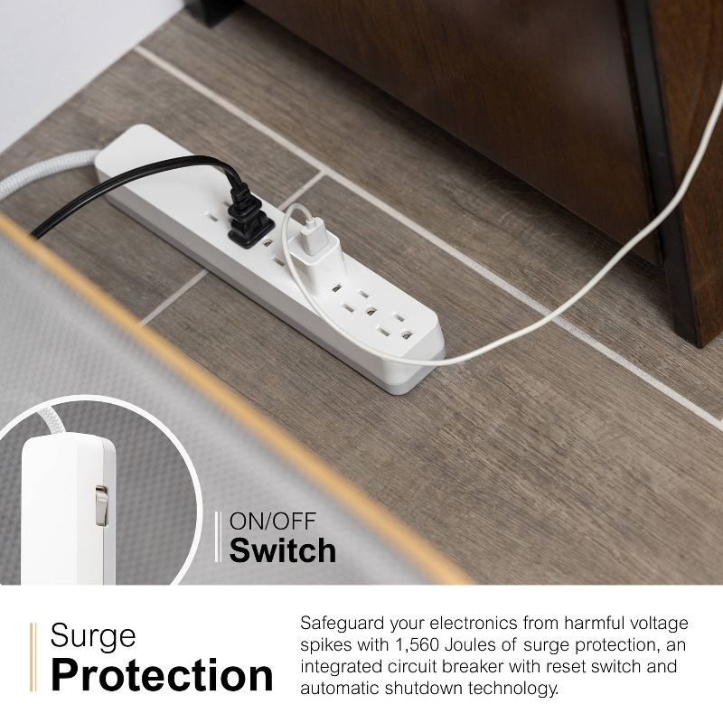 slide 6 of 8, General Electric GE 6-Outlet Surge Protector 1560J 10' Braided Cord White: Extension Cord & Outlet Extender, Lifetime Warranty, 1 ct