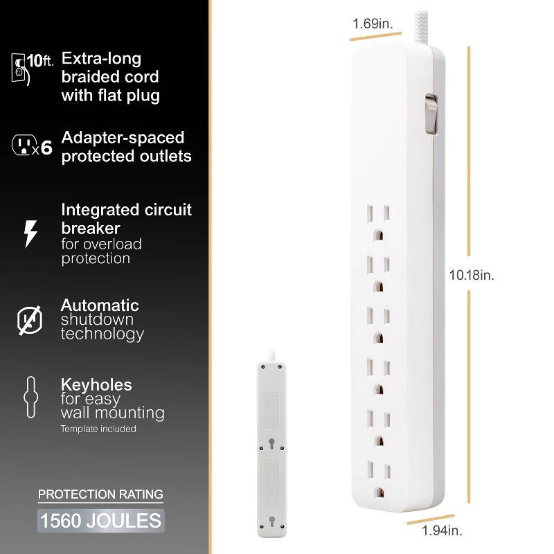 slide 8 of 8, General Electric GE 6-Outlet Surge Protector 1560J 10' Braided Cord White: Extension Cord & Outlet Extender, Lifetime Warranty, 1 ct