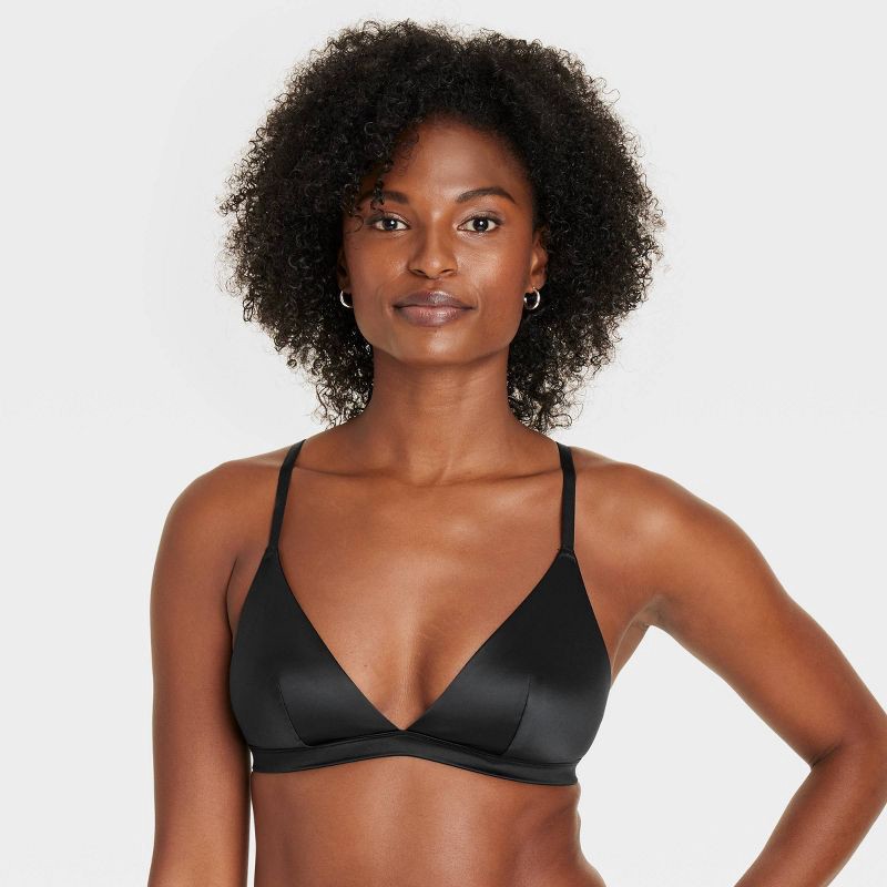 slide 1 of 5, Women's Satin Unlined Triangle Bralette - Auden™ Black XS: Light Support, Adjustable Strap, V Neck, Wireless, Hand Wash, 1 ct