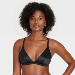 Women's Satin Unlined Triangle Bralette - Auden™ Black XS: Light Support, Adjustable Strap, V Neck, Wireless, Hand Wash