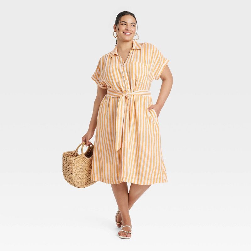 slide 3 of 3, Women's Short Sleeve Tie-Front Midi Shirtdress - Ava & Viv™ Yellow Striped 3X, 1 ct