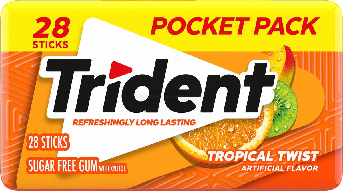 slide 4 of 9, Trident Tropical Twist Sugar Free Gum, 28 Piece Pocket Pack, per lb