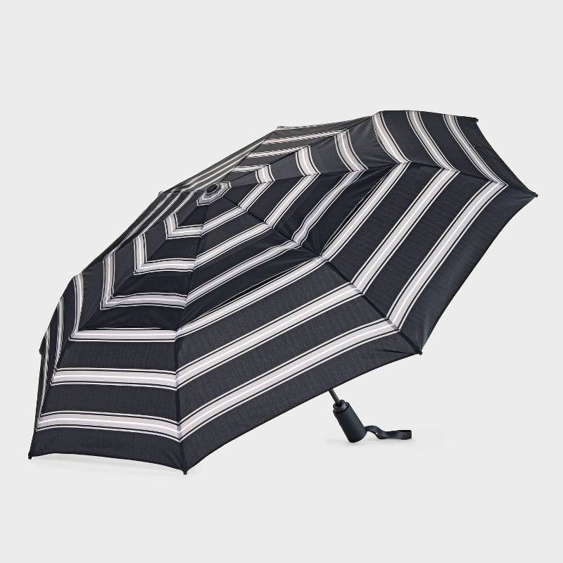 slide 1 of 8, ShedRain VORTEX Auto Open Auto Close Compact Umbrella - Eddie: Telescoping Shaft, Polyester Shell, Stripe Pattern, 1 ct