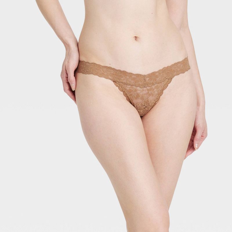 slide 1 of 7, Women's Allover Lace Thong Underwear - Auden™ Camel L: Nylon Spandex Blend, Mid Rise, Pull-On, 1 ct