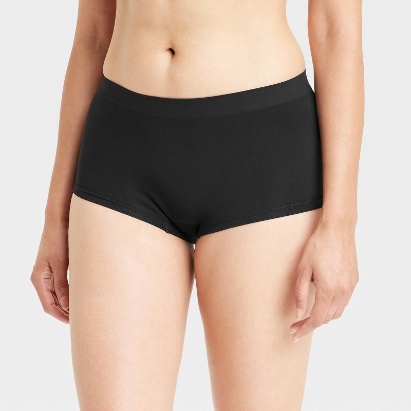 slide 1 of 5, Women's Seamless Boy Shorts Underwear - Auden™ Black S: Mid Rise, Pull-On, Solid Pattern, Nylon-Spandex Blend, Machine Washable, 1 ct