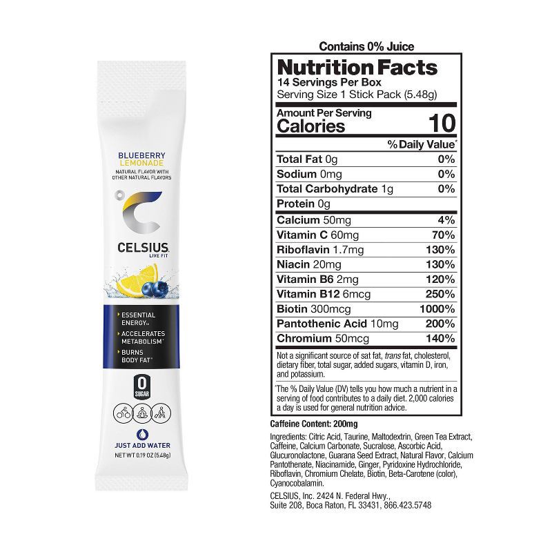 slide 3 of 5, CELSIUS On The Go Powder Sticks Blueberry Lemonade Essential Energy - 14pk Sticks, 14 ct