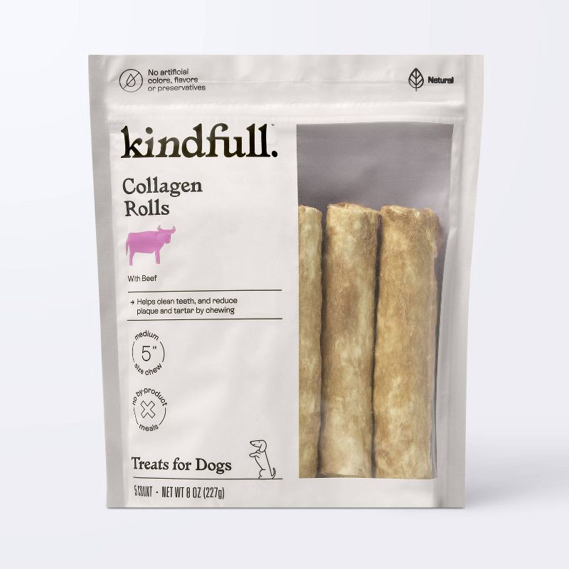 slide 1 of 7, Rawhide Alternative Collagen Roll Beef Flavor Dog Treat - Kindfull™ - 8oz/5ct, 8 oz, 5 ct