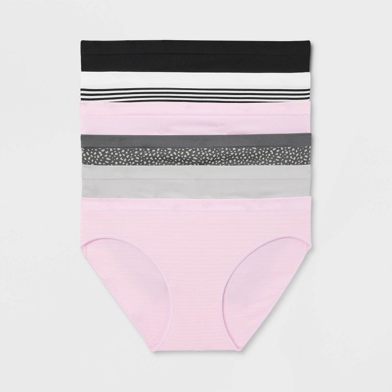 slide 1 of 5, Women's 6pk Seamless Bikini Underwear - Auden™ Assorted Color XL: Solid & Stripe Knit, Pull-On, Lightweight, 6 ct