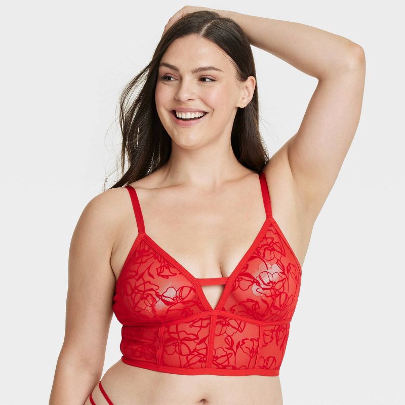 slide 4 of 7, Women's Mesh Longline Bralette with Flocking - Auden™ Red M, 1 ct