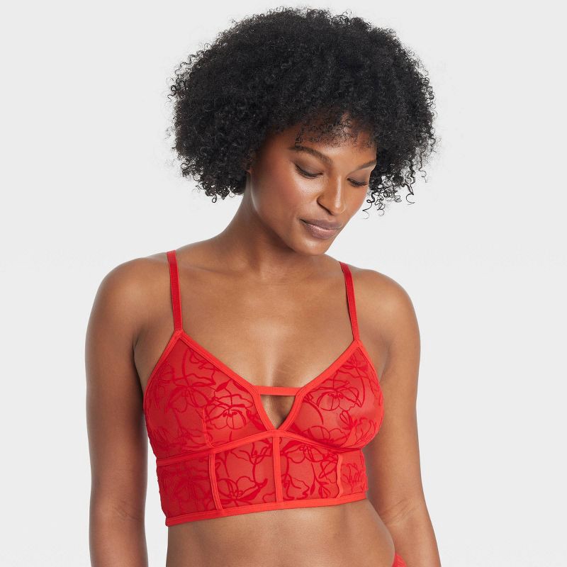 slide 1 of 7, Women's Mesh Longline Bralette with Flocking - Auden™ Red M, 1 ct