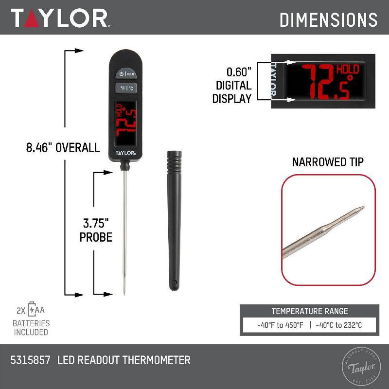 slide 2 of 9, Taylor Digital LED Kitchen Meat Cooking Thermometer Black: Instant Read, Oversized Display, -40 to 450°F, Battery Included, 1 ct