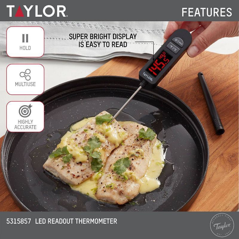 slide 3 of 9, Taylor Digital LED Kitchen Meat Cooking Thermometer Black: Instant Read, Oversized Display, -40 to 450°F, Battery Included, 1 ct