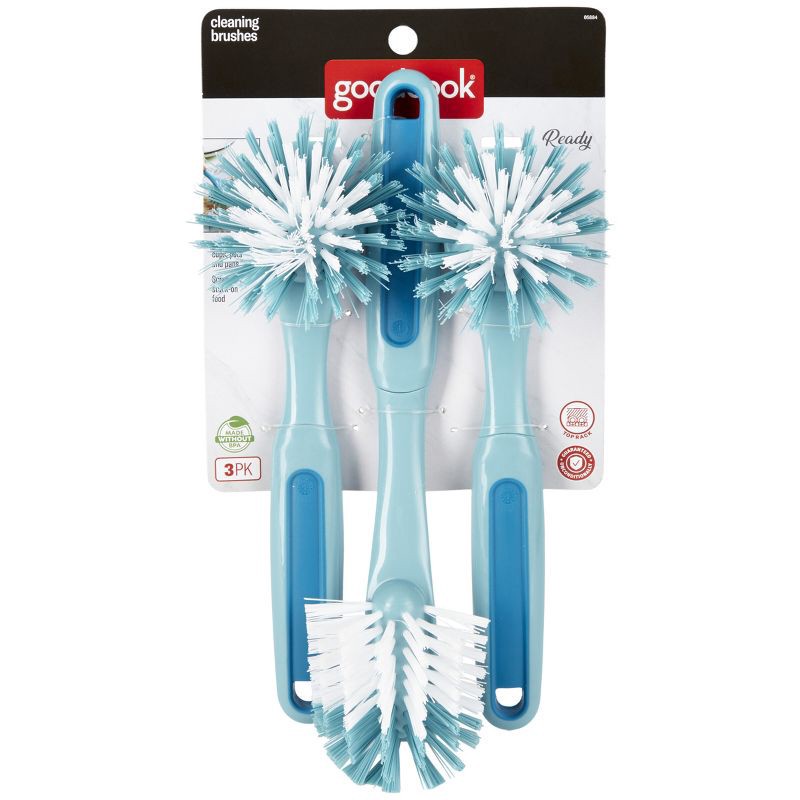 slide 3 of 5, GoodCook Ready 3pk Dish Brush Set: Rubber & Plastic Cleaning Tools, Blue, 11.5" Height, 5.75" Width, 2.25" Depth, 3 ct