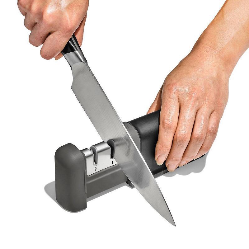 slide 7 of 10, OXO Knife Sharpener: Manual Stainless Steel & Ceramic, Tungsten Carbide, Black, Lifetime Warranty, 5.39" Length, 1 ct