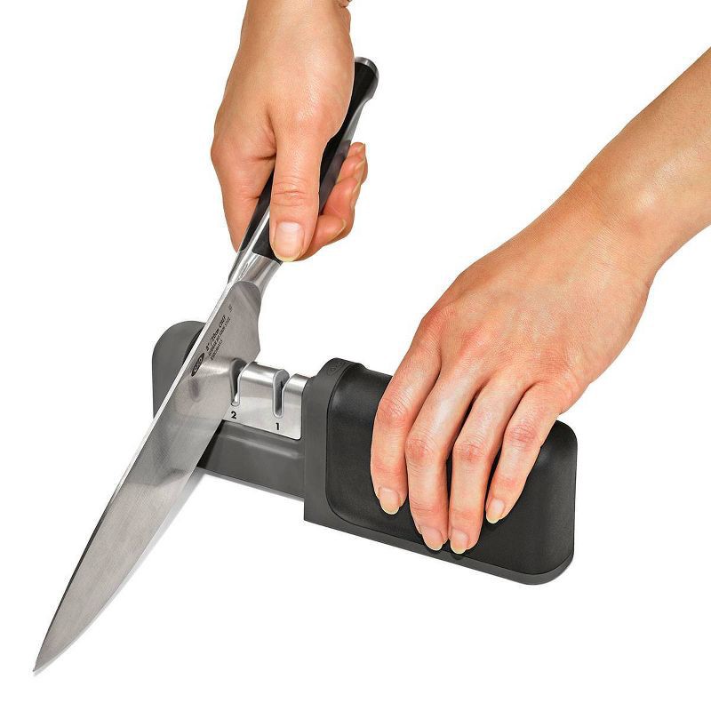 slide 8 of 10, OXO Knife Sharpener: Manual Stainless Steel & Ceramic, Tungsten Carbide, Black, Lifetime Warranty, 5.39" Length, 1 ct