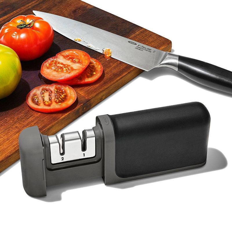 slide 9 of 10, OXO Knife Sharpener: Manual Stainless Steel & Ceramic, Tungsten Carbide, Black, Lifetime Warranty, 5.39" Length, 1 ct