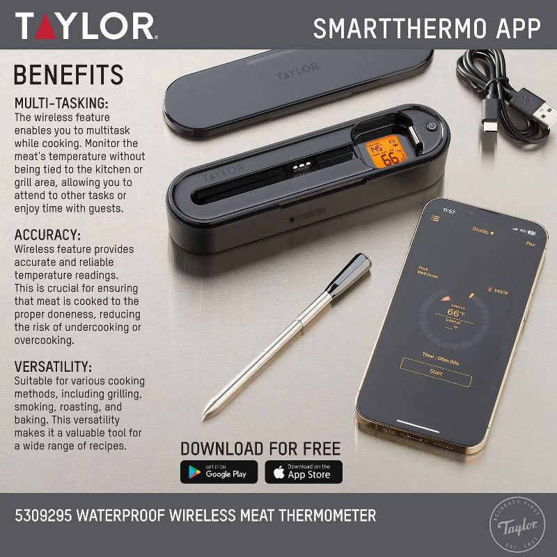 slide 9 of 21, Taylor Bluetooth App Wireless Digital Cooking Kitchen Meat Thermometer: Stainless Steel Probe, Smartphone Controlled, SMARTTHERMO App, 1 ct