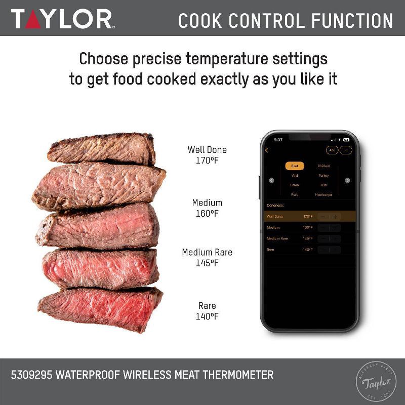 slide 10 of 21, Taylor Bluetooth App Wireless Digital Cooking Kitchen Meat Thermometer: Stainless Steel Probe, Smartphone Controlled, SMARTTHERMO App, 1 ct
