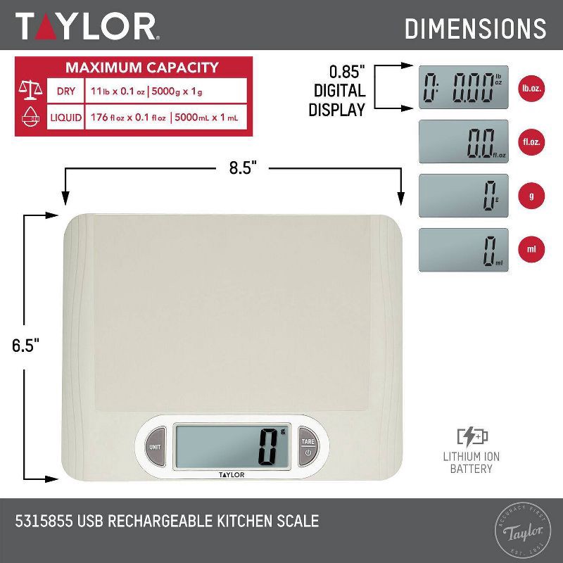 slide 2 of 5, Taylor 11lb Digital Kitchen Food Scale USB with Ocean Bound Plastic Cream: Rechargeable LCD Display, 11lb Capacity, 11 lb, 11 lb