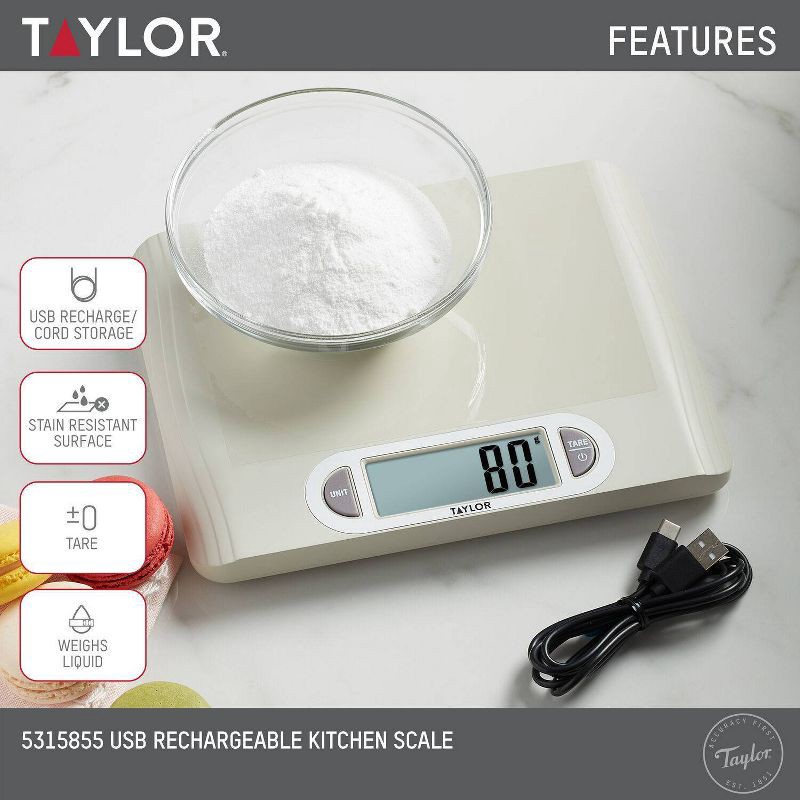slide 3 of 5, Taylor 11lb Digital Kitchen Food Scale USB with Ocean Bound Plastic Cream: Rechargeable LCD Display, 11lb Capacity, 11 lb, 11 lb
