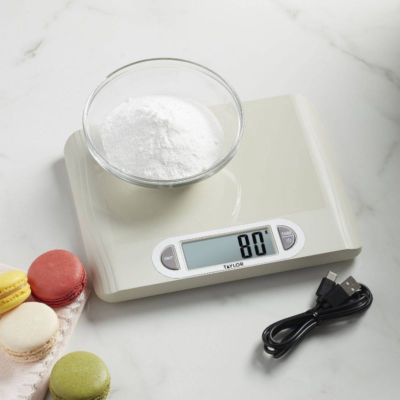 slide 4 of 5, Taylor 11lb Digital Kitchen Food Scale USB with Ocean Bound Plastic Cream: Rechargeable LCD Display, 11lb Capacity, 11 lb, 11 lb