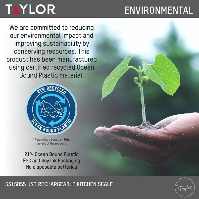 slide 5 of 5, Taylor 11lb Digital Kitchen Food Scale USB with Ocean Bound Plastic Cream: Rechargeable LCD Display, 11lb Capacity, 11 lb, 11 lb