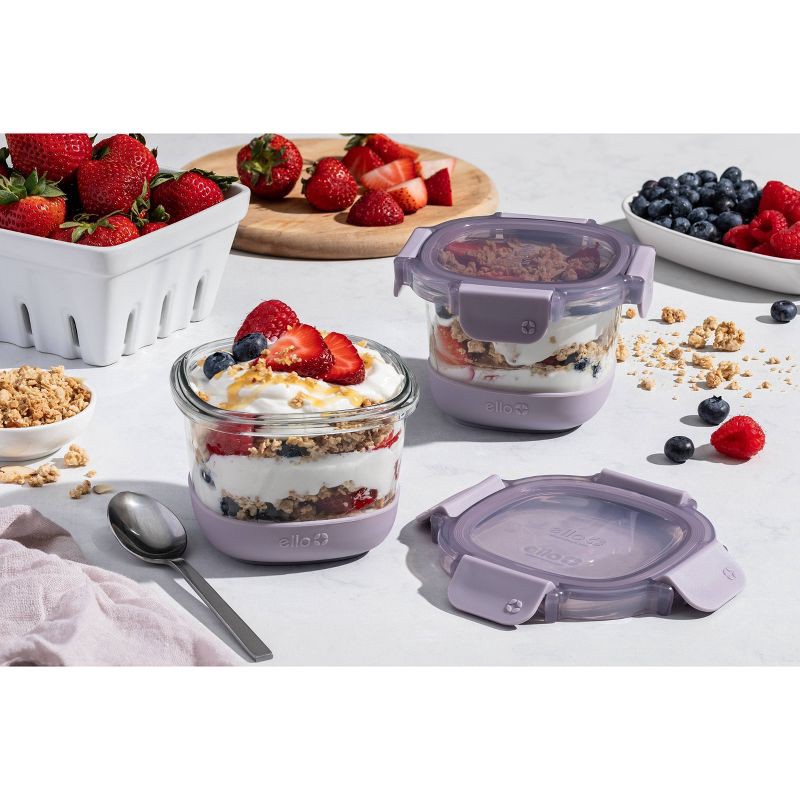 slide 2 of 6, Ello 4pc 2c Glass Refresh Round Food Storage Container Set Purple: Oven, Microwave & Dishwasher Safe, Lifetime Warranty, 4 ct