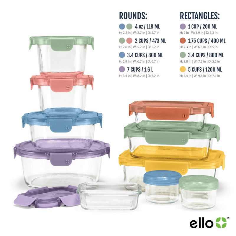 slide 3 of 6, Ello 20pc Color Lock Mixed Food Storage Container Set: Glass & Polypropylene, Multicolored, Microwave & Oven-Safe, 20 ct