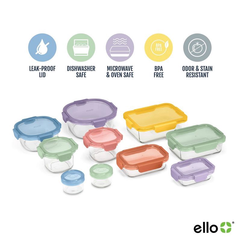 slide 5 of 6, Ello 20pc Color Lock Mixed Food Storage Container Set: Glass & Polypropylene, Multicolored, Microwave & Oven-Safe, 20 ct