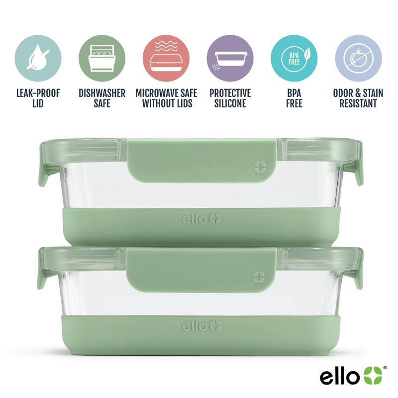 slide 6 of 7, Ello 4pc 3.4c Glass Refresh Food Storage Container Set Green: Meal Prep, Locking Lids, Oven & Microwave Safe, 4 ct