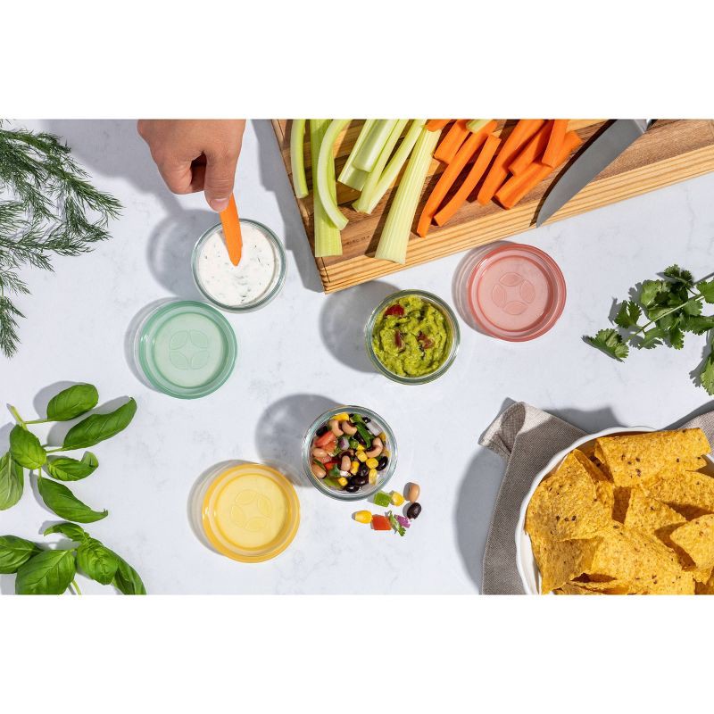 slide 2 of 5, Ello 6pc Glass Condiment Color Lock Food Storage Container Set: Microwave & Oven Safe, Multicolored Lids, 6 ct
