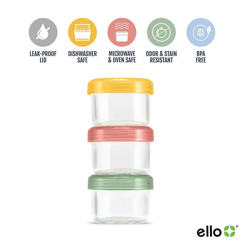 slide 4 of 5, Ello 6pc Glass Condiment Color Lock Food Storage Container Set: Microwave & Oven Safe, Multicolored Lids, 6 ct