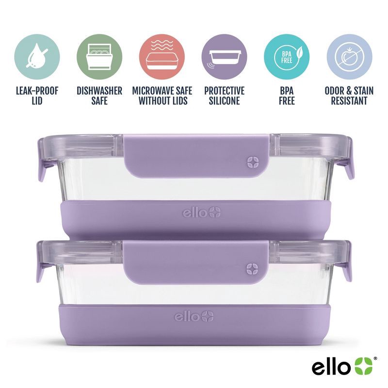 slide 6 of 7, Ello 4pc 3.4c Glass Refresh Food Storage Container Set purple: Microwave & Oven Safe, Dishwasher Safe, Lifetime Warranty, 4 ct