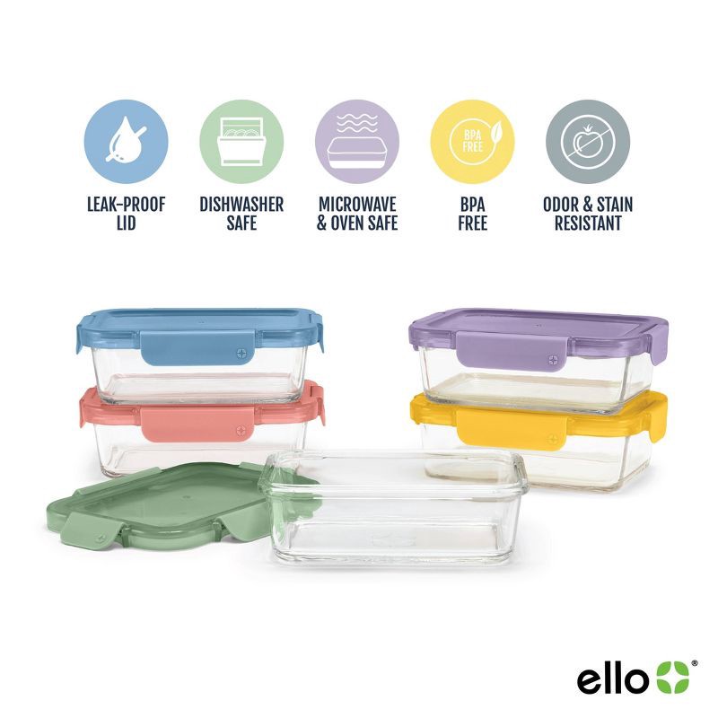 slide 4 of 6, Ello Color Lock 10pc (set of 5) Glass Meal Prep Food Storage Containers Set Multicolor Brights: Glass, Oven & Microwave Safe, Dishwasher Safe,, 10 ct