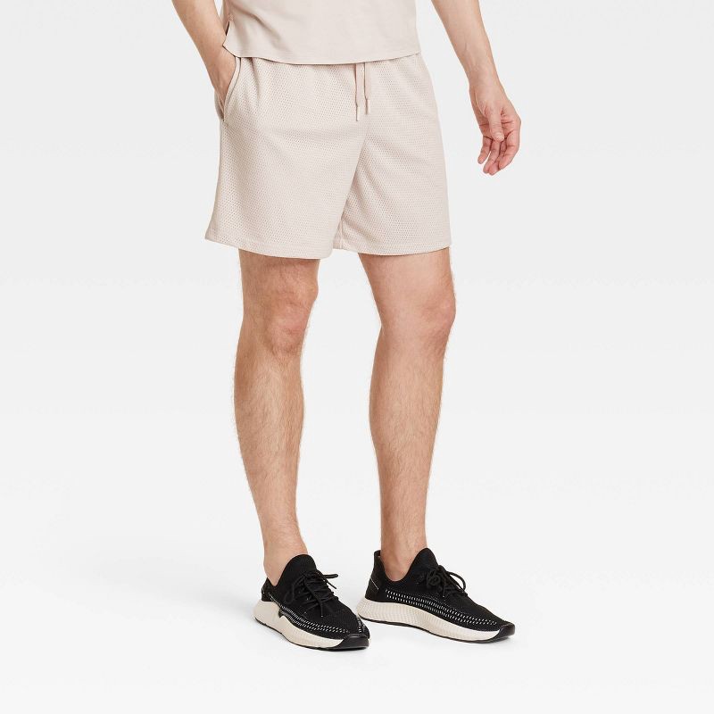 slide 1 of 3, Men's 6" Mesh Shorts - All In Motion™ Beige L: Moisture Wicking, Quick Dry, Side Pocket, 1 ct