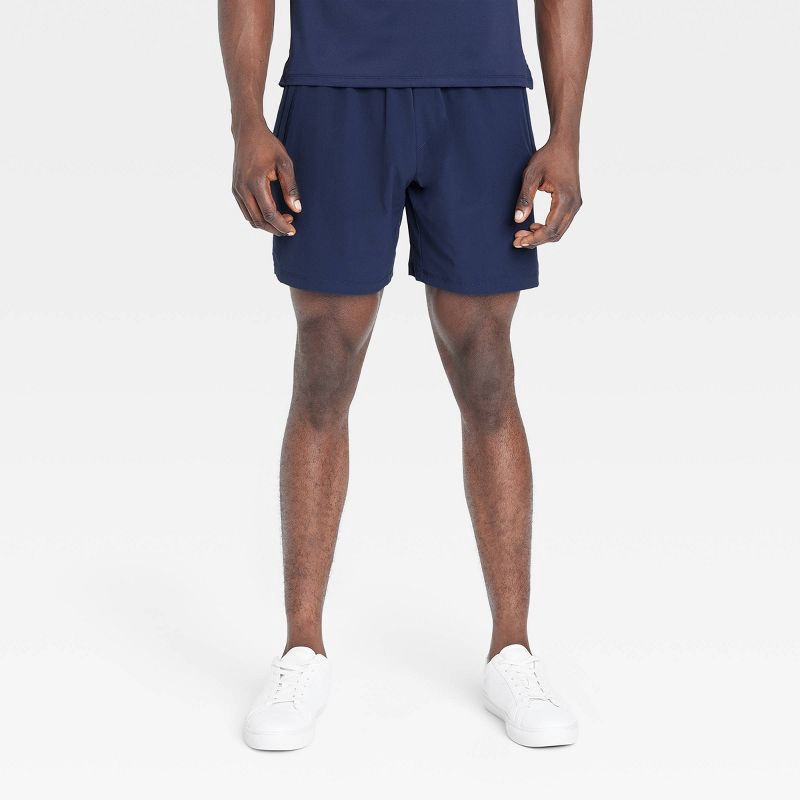 slide 1 of 3, Men's Stretch Woven Shorts 7" - All In Motion™ Navy Blue S: Adjustable Waistband, Side Pocket, 1 ct