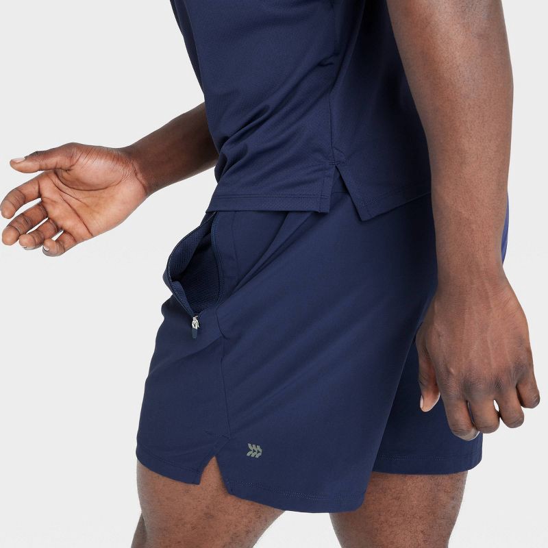 slide 3 of 3, Men's Stretch Woven Shorts 7" - All In Motion™ Navy Blue L: Adjustable Waistband, Side Pocket, 1 ct