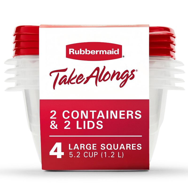 slide 1 of 9, Rubbermaid 4pk 5.2c TakeAlongs Deep Square Food Storage Containers Ruby Red: Plastic Containers with Lids, Dishwasher-Safe, 4 ct