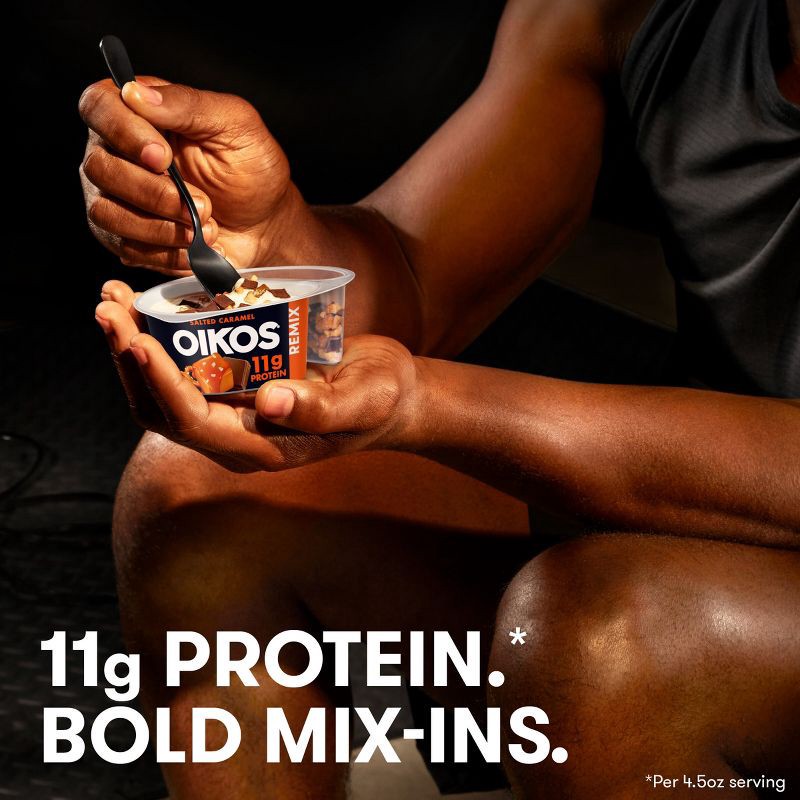 slide 2 of 12, Oikos REMIX Caramel with Chocolate and Pretzel Greek Yogurt - 11g Protein 4.5oz, 11 gram, 4.5 oz