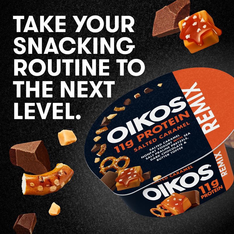 slide 4 of 12, Oikos REMIX Caramel with Chocolate and Pretzel Greek Yogurt - 11g Protein 4.5oz, 11 gram, 4.5 oz