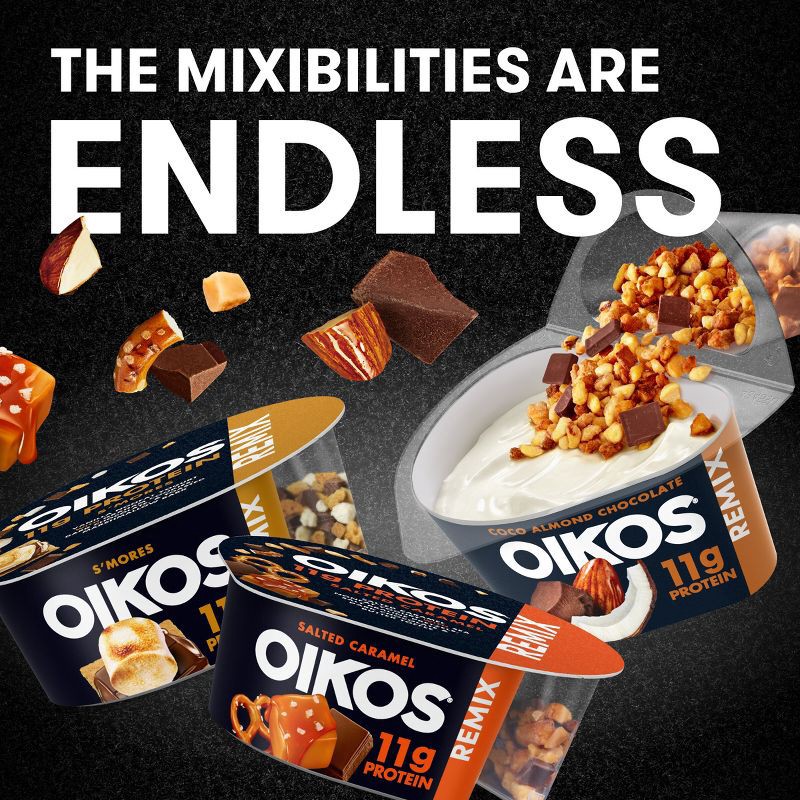 slide 7 of 12, Oikos REMIX Caramel with Chocolate and Pretzel Greek Yogurt - 11g Protein 4.5oz, 11 gram, 4.5 oz