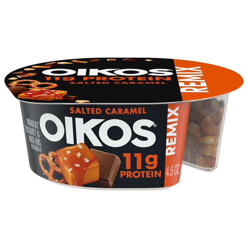 slide 1 of 12, Oikos REMIX Caramel with Chocolate and Pretzel Greek Yogurt - 11g Protein 4.5oz, 11 gram, 4.5 oz