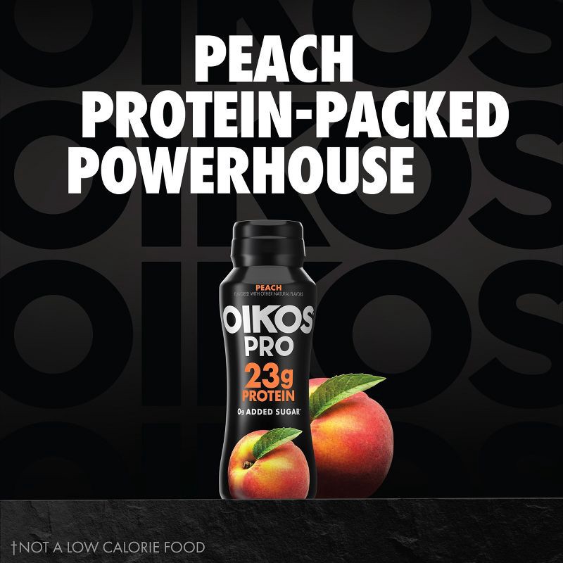 slide 3 of 12, Oikos Pro Fat Free Peach Cultured Dairy Drink - 23 Protein 7 fl oz, 7 fl oz